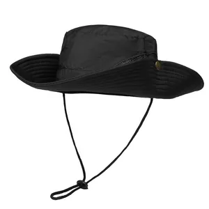 Black outdoor sun hat with wide brim, breathable mesh panels and adjustable chin strap