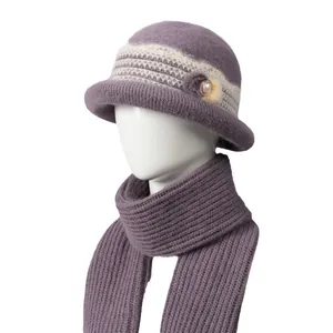 Elderly women's winter knit hat and scarf set with pearl floral detail in purple