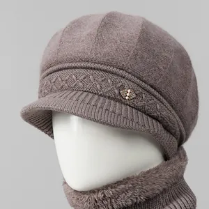 Conjunto De Gorro De Punto De Pelo De Conejo Bufanda Calentador De Cuello Para Mujer Invierno Forro De Felpa Gorra Newsboy Con Decoración De Perlas Y Diamantes De Imitación Gorro Grueso Para Mamá Abuela