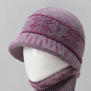 Conjunto De Gorro Y Bufanda De Punto Para Mujer Mezcla Pelo De Conejo Forro De Felpa Cálido Con Patrón De Copos De Nieve