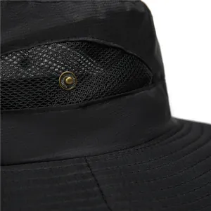 Lightweight breathable black outdoor sun hat with side mesh vents and metal buckle
