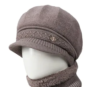 Conjunto de invierno para mujer de gorro de punto y bufanda con perlas y strass