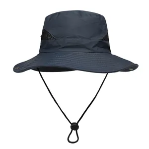 Close-up of dark blue sun hat featuring breathable mesh panels and adjustable wind cord
