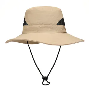 Men Women Outdoor Sun Hat Polyester Breathable Mesh Wide Brim Bucket Hat With Adjustable Windproof String Fishing Hiking