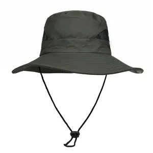 Detail of army green sun hat showing breathable mesh and adjustable chin strap
