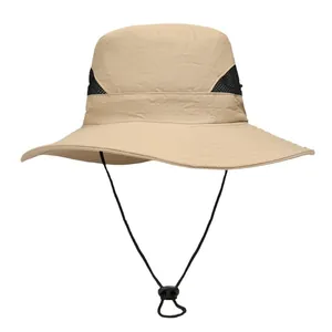 Khaki wide brim sun hat with breathable mesh and adjustable chin strap for outdoor fishing