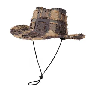 Vintage western cowboy hat with plaid patches, distressed tassels and black chin strap