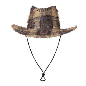 Retro distressed patchwork denim cowboy hat with frayed edges and adjustable chin strap