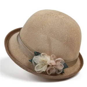 Damen Elegant Baumwolle Leinen Glockenhut Vintage Gestrickt Fischerhut Mit Blumen Satinband Für Sommerurlaub Sonnenschutz Hut