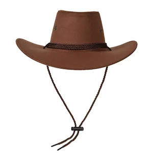 Sombrero vaquero de fieltro marrón oscuro con banda trenzada y barboquejo ajustable