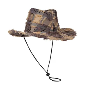 Retro distressed patchwork western cowboy hat with frayed edges and denim texture