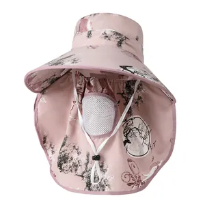 Cappello da Sole Donna a Falda Larga Protezione UV Con Copertura Viso Collo Traspirante Pittura Inchiostro Pieghevole