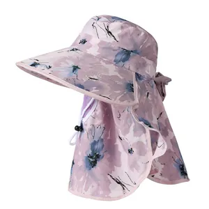 Chapeau de soleil floral violet avec large bord, masque facial et protège-nuque complet