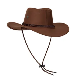 Sombrero de vaquero vintage marrón con cordón ajustable y textura de gamuza suave