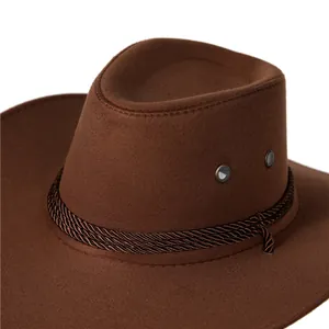 Sombrero vaquero clásico marrón oscuro de fieltro con cuerda trenzada y ojales