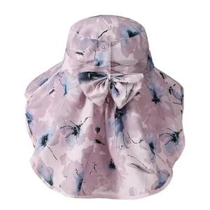 Chapeau de soleil pour femme avec protège-nuque et nœud papillon à motif floral violet