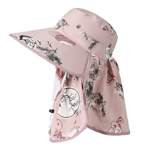 Cappello parasole rosa da donna con tesa larga, protezione collo e stampa artistica