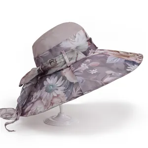 Close-up of elegant wide brim sun hat featuring sheer floral pattern and ribbon detail
