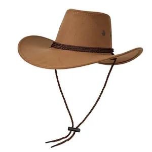 Vista detallada de sombrero cowboy marrón con banda trenzada y cordón ajustable