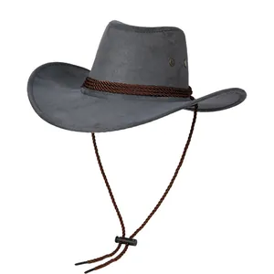 Detalle de sombrero vaquero gris oscuro con banda trenzada y cordón ajustable para viento