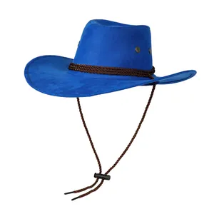 Detalle de sombrero vaquero azul real con banda trenzada marrón y barboquejo ajustable