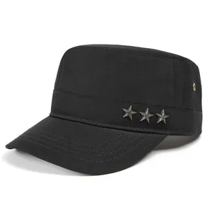 Vintage Cadet Cap For Men Cotton Flat Top Military Hat With Metal Star Rivets Adjustable Sun Protection Outdoor Sun Hat