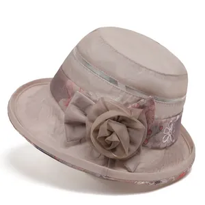 Damen Eleganter Organza Sonnenhut Blumenschleife Breite Krempe Atmungsaktiver Faltbarer Fischerhut Für Hochzeit Party Outdoor