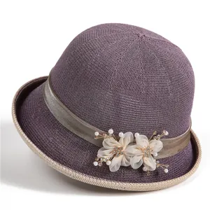 Eleganter Damen Glockenhut Sonnenschutz Atmungsaktiv Strick Sommerhut Mit Blumen Künstliche Perlen Strass Für Alltag Und Reise