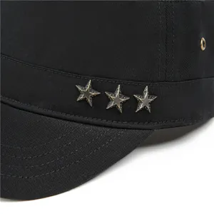 Men's black flat top cadet cap with three vintage bronze metal star studs and eyelet