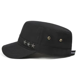 Men's black flat top army cap with metallic stars and breathable eyelets for sun protection