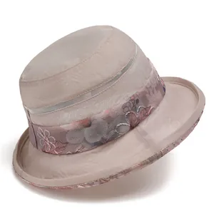 Damen Sommer Fischerhut aus Organza mit floraler Stickerei und Schleife in Beige