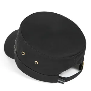 Classic black flat top cotton military cap with sports tag and side air vents