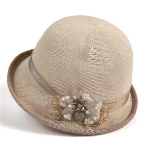 Women Elegant Knitted Cloche Hat With Mesh Flower Artificial Pearl Sun Protection Breathable Summer Beach Bucket Hat Wide Brim Sun Hat