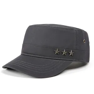 Detailed side view of dark gray cadet cap with metal star rivets and breathable eyelets
