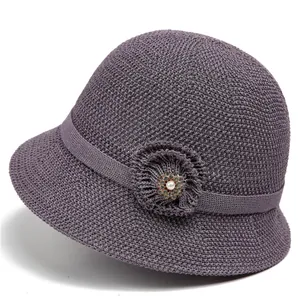 Damen Sommer Atmungsaktiv Baumwolle Leinen Anglerhut Eleganter Blumiger Glockenhut Mit Künstliche Perlenimitat Strass Sonnenschutz Fischerhut