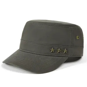 Close-up of grey cotton cadet cap featuring bronze star rivets and breathable eyelets