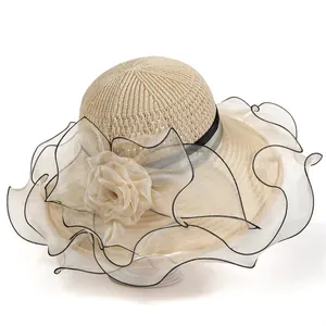 Chapeau de Soleil Élégant pour Femmes avec Fleur en Organza à Large Bord Pliable Respirant pour Plage Mariage Fête