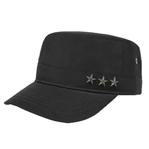 Black canvas cadet cap with silver star rivets and breathable eyelets for sun protection