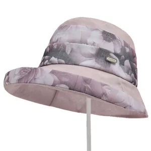 Women breathable organza floral sun hat in light pink purple with a fashion metal tag