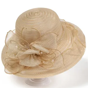 Women Elegant Organza Wide Brim Sun Hat With Large Mesh Flower Faux Artificial Pearl Kentucky Derby Wedding Party Beach Sun Hat