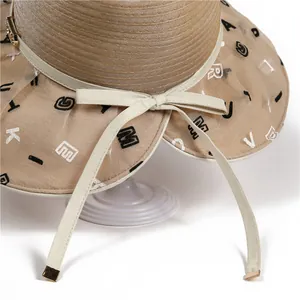 Women's foldable sun hat with letter print organza brim and ribbon bow detail