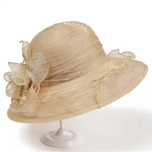 Elegant champagne organza sun hat for women with wide brim and 3D floral pearl detail