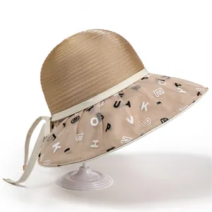 Chic beige sun hat with letter print organza brim and wave texture for women