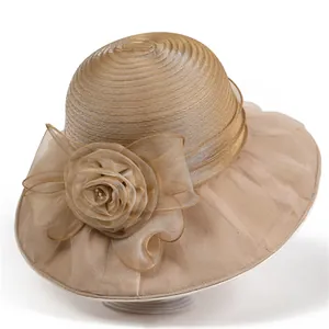 Women's Elegant Organza Floral Church Hat Wide Brim Sun Hat For Wedding Party Summer Beach Folding Derby Dress Hat
