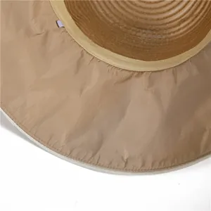 Detail of wide brim sun hat showing woven straw texture and breathable inner lining fabric