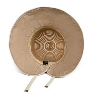 Foldable organza bucket hat with wide brim, letter print and windproof cord in khaki