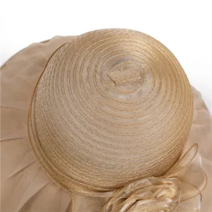 Champagne organza sun hat with large floral decoration and top-stitched brim for women