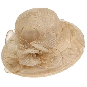Elegant beige organza sun hat with large flower and pearl detail for women