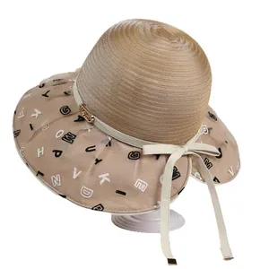 Women's foldable sun hat with letter print organza brim and bow knot decor