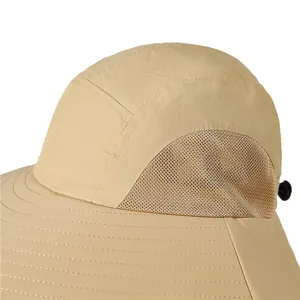 Close-up of khaki sun hat with breathable side mesh and reinforced brim stitching